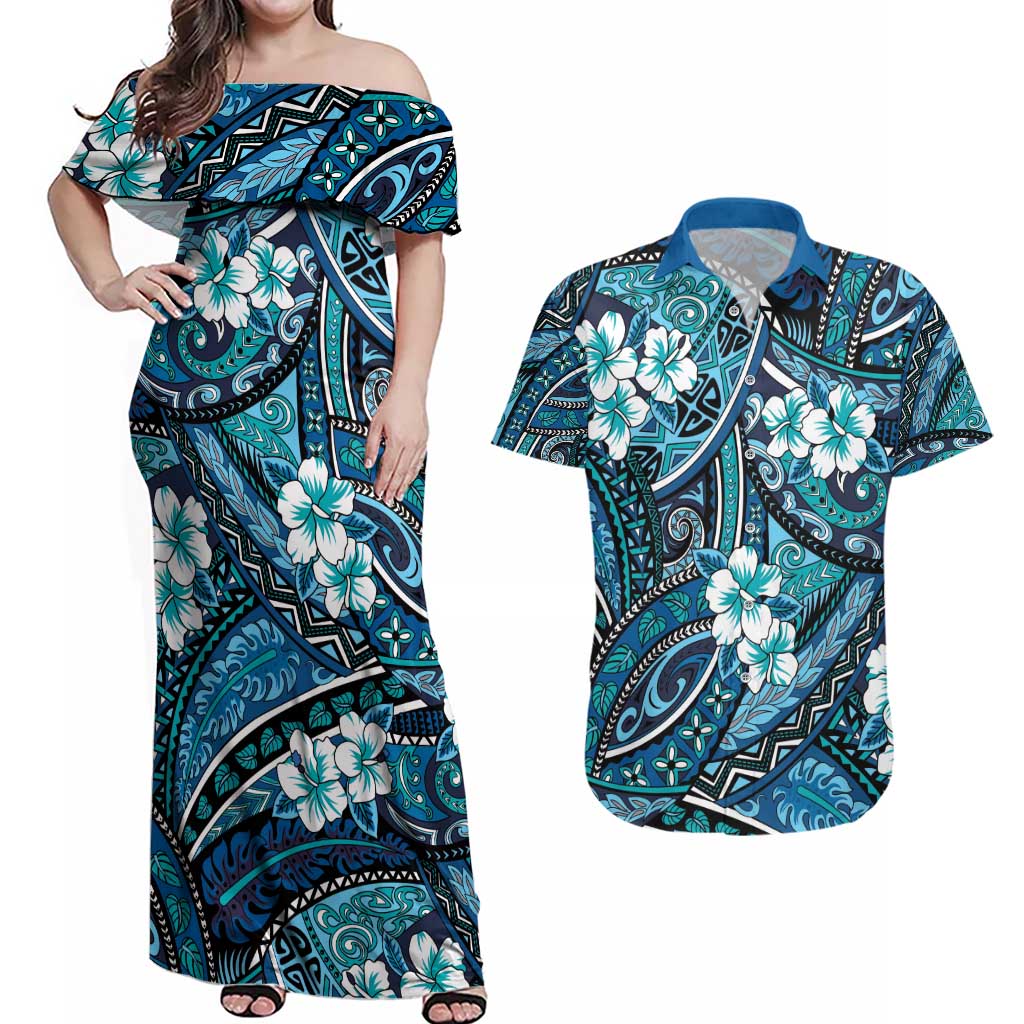 Polynesian Hibiscus Tropical Blue Floral Couples Matching Off Shoulder Maxi Dress and Hawaiian Shirt Tribal Pattern - Polynesian Pride