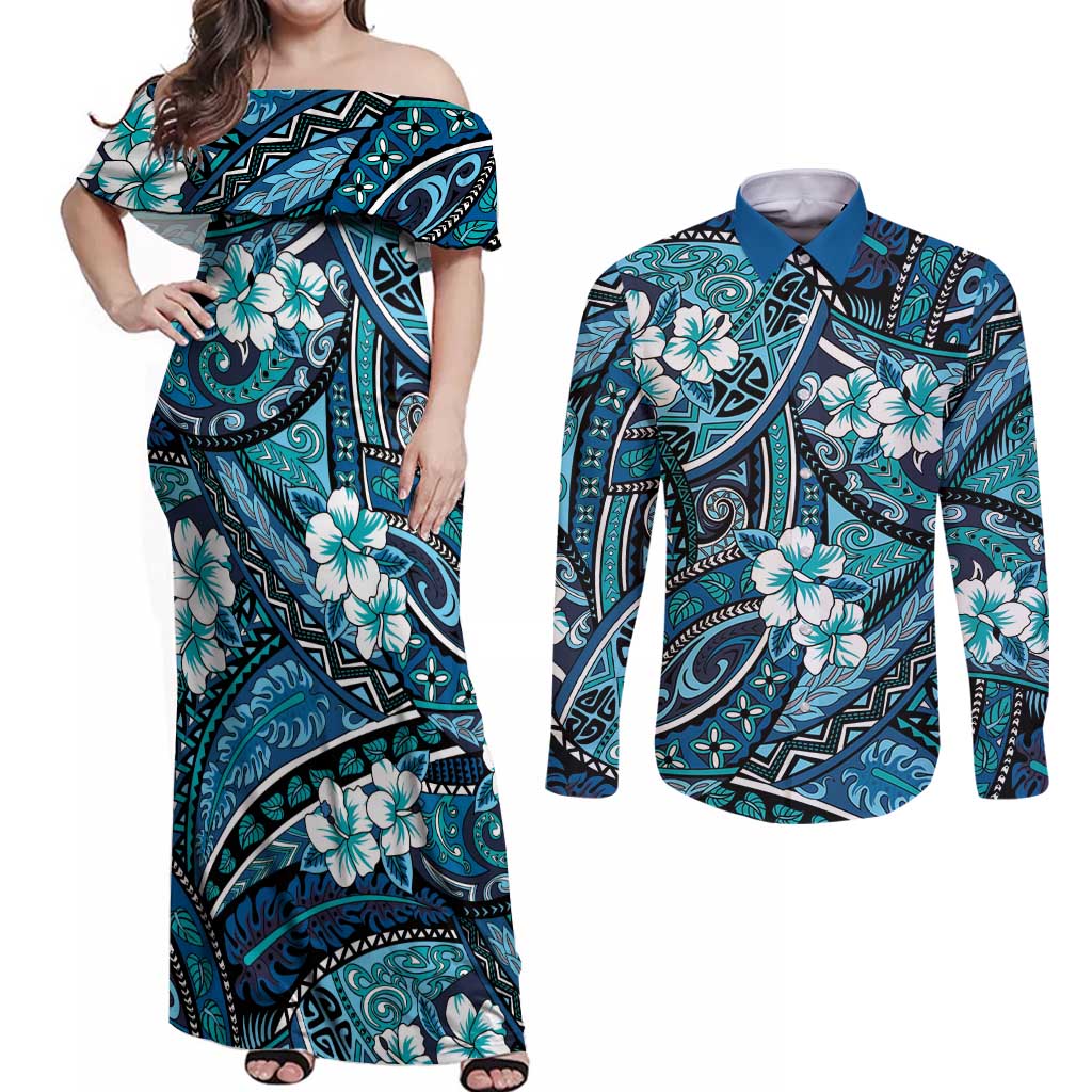 Polynesian Hibiscus Tropical Blue Floral Couples Matching Off Shoulder Maxi Dress and Long Sleeve Button Shirt Tribal Pattern - Polynesian Pride