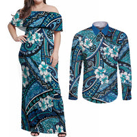 Polynesian Hibiscus Tropical Blue Floral Couples Matching Off Shoulder Maxi Dress and Long Sleeve Button Shirt Tribal Pattern - Polynesian Pride