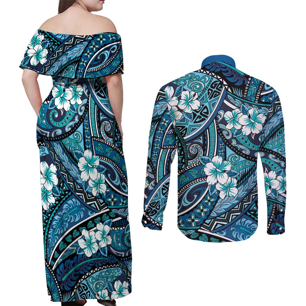 Polynesian Hibiscus Tropical Blue Floral Couples Matching Off Shoulder Maxi Dress and Long Sleeve Button Shirt Tribal Pattern - Polynesian Pride