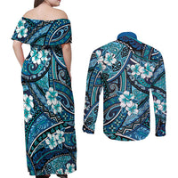 Polynesian Hibiscus Tropical Blue Floral Couples Matching Off Shoulder Maxi Dress and Long Sleeve Button Shirt Tribal Pattern - Polynesian Pride