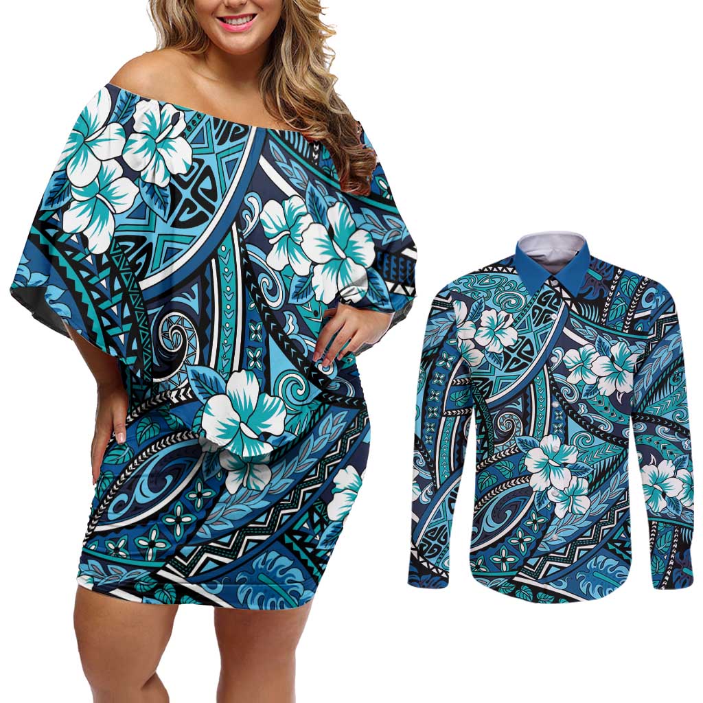 Polynesian Hibiscus Tropical Blue Floral Couples Matching Off Shoulder Short Dress and Long Sleeve Button Shirt Tribal Pattern - Polynesian Pride