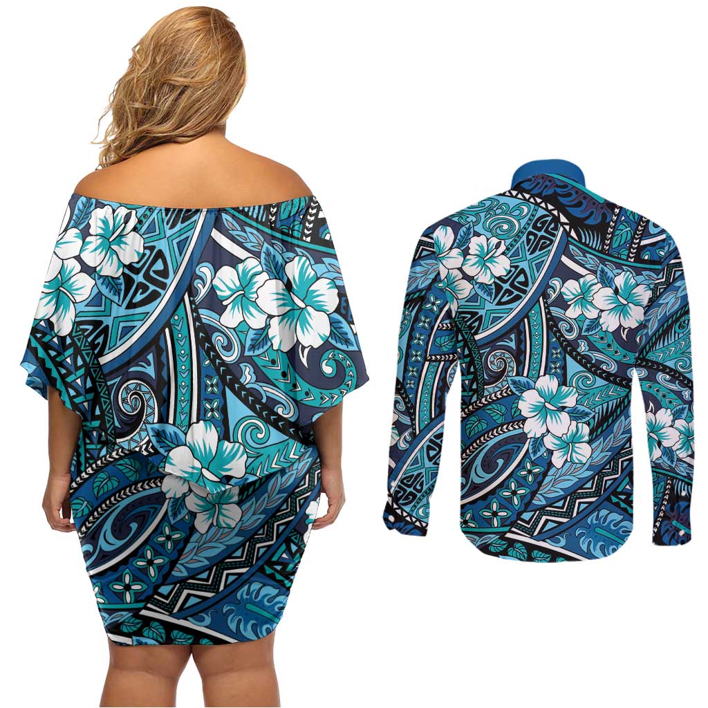 Polynesian Hibiscus Tropical Blue Floral Couples Matching Off Shoulder Short Dress and Long Sleeve Button Shirt Tribal Pattern - Polynesian Pride
