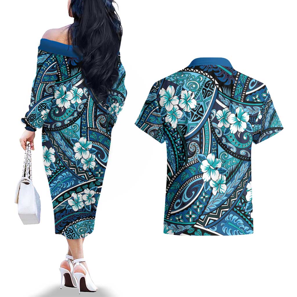 Polynesian Hibiscus Tropical Blue Floral Couples Matching Off The Shoulder Long Sleeve Dress and Hawaiian Shirt Tribal Pattern - Polynesian Pride