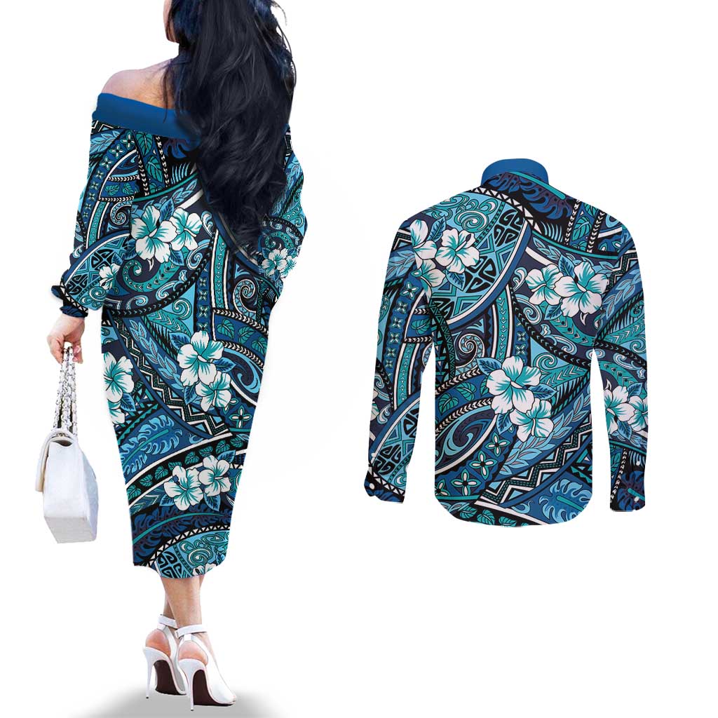 Polynesian Hibiscus Tropical Blue Floral Couples Matching Off The Shoulder Long Sleeve Dress and Long Sleeve Button Shirt Tribal Pattern - Polynesian Pride
