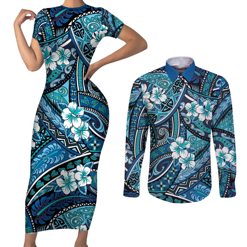 Polynesian Hibiscus Tropical Blue Floral Couples Matching Short Sleeve Bodycon Dress and Long Sleeve Button Shirt Tribal Pattern - Polynesian Pride