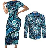 Polynesian Hibiscus Tropical Blue Floral Couples Matching Short Sleeve Bodycon Dress and Long Sleeve Button Shirt Tribal Pattern - Polynesian Pride