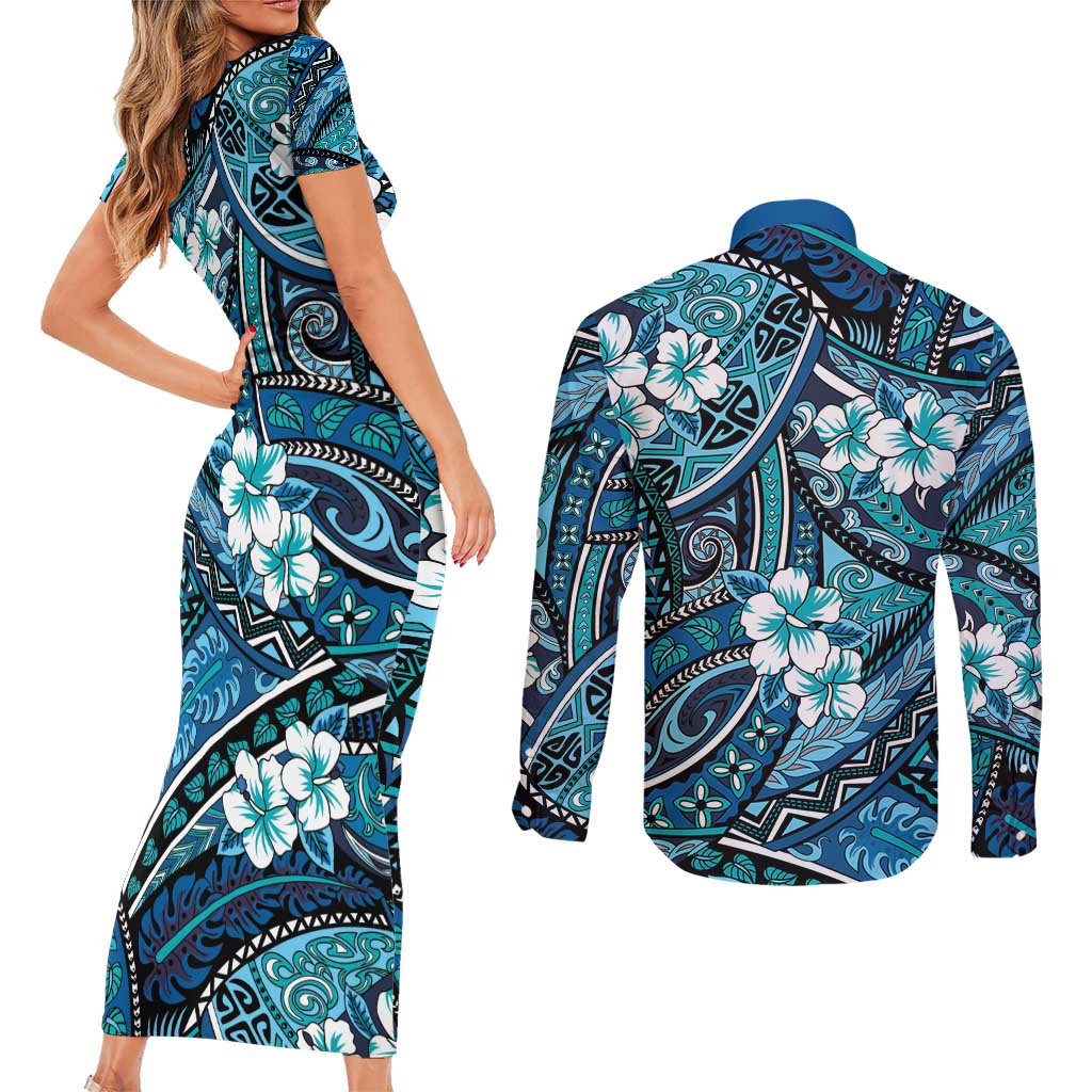 Polynesian Hibiscus Tropical Blue Floral Couples Matching Short Sleeve Bodycon Dress and Long Sleeve Button Shirt Tribal Pattern - Polynesian Pride