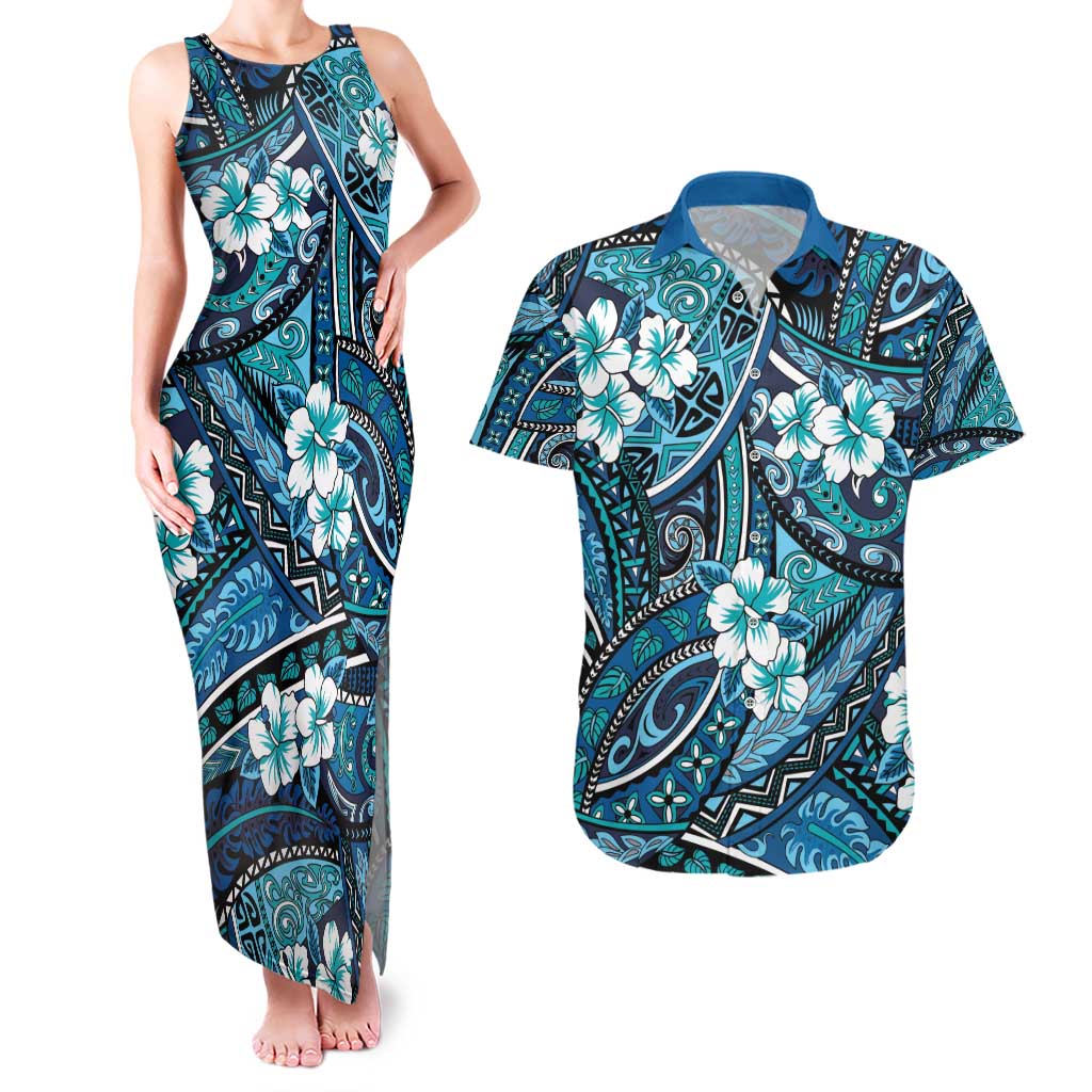 Polynesian Hibiscus Tropical Blue Floral Couples Matching Tank Maxi Dress and Hawaiian Shirt Tribal Pattern - Polynesian Pride