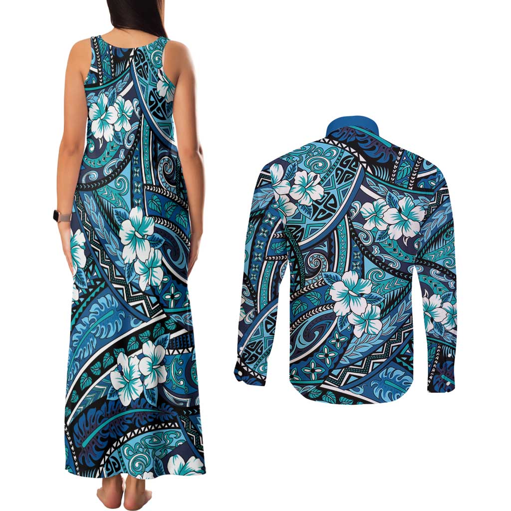 Polynesian Hibiscus Tropical Blue Floral Couples Matching Tank Maxi Dress and Long Sleeve Button Shirt Tribal Pattern - Polynesian Pride