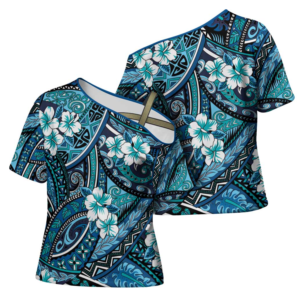 Polynesian Hibiscus Tropical Blue Floral Cross Shoulder Shirt Tribal Pattern - Polynesian Pride