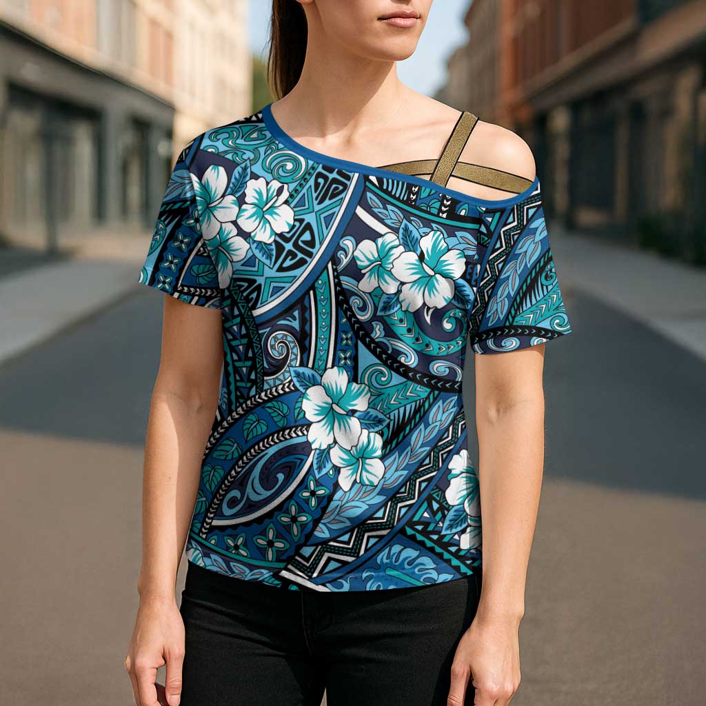 Polynesian Hibiscus Tropical Blue Floral Cross Shoulder Shirt Tribal Pattern - Polynesian Pride
