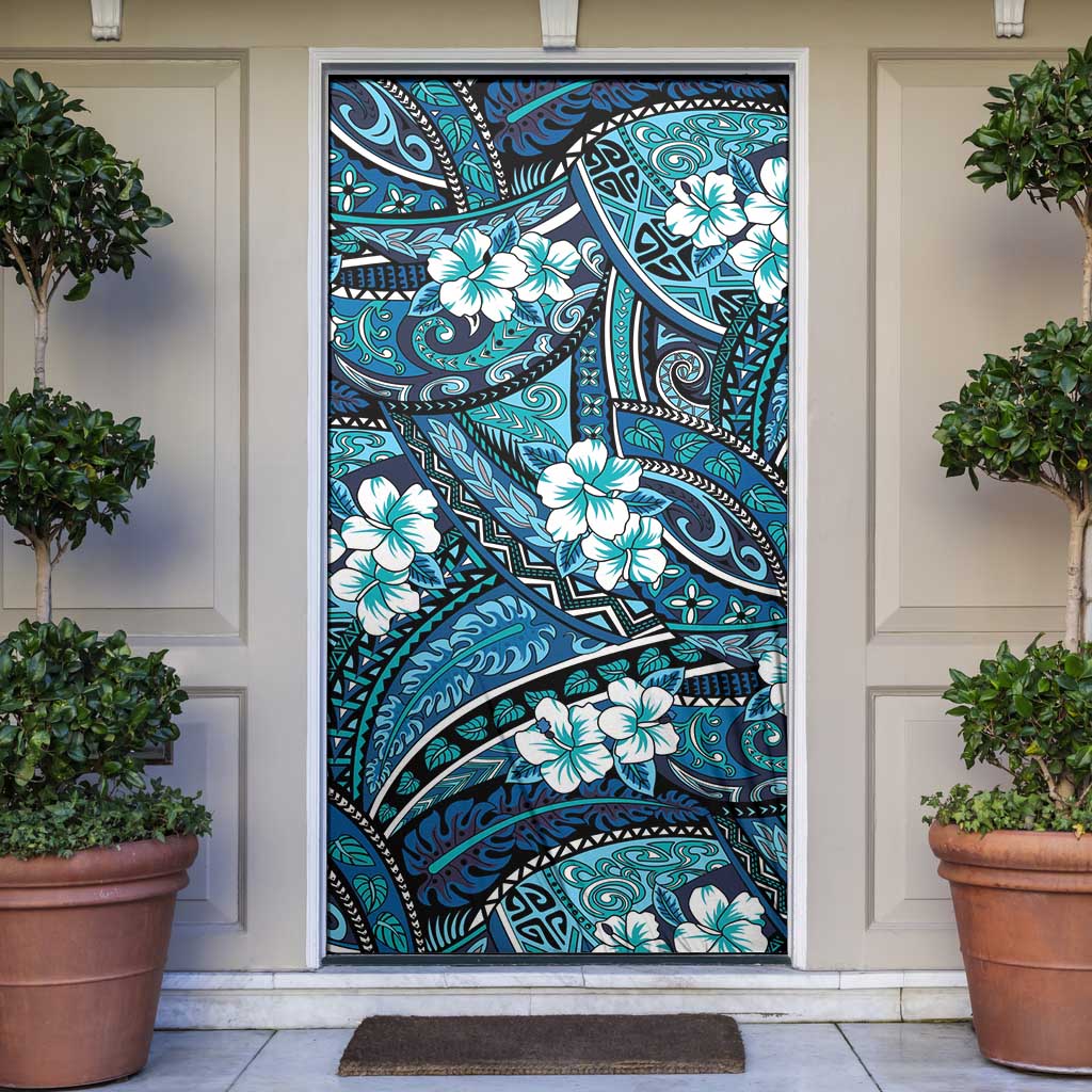 Polynesian Hibiscus Tropical Blue Floral Door Cover Tribal Pattern - Polynesian Pride