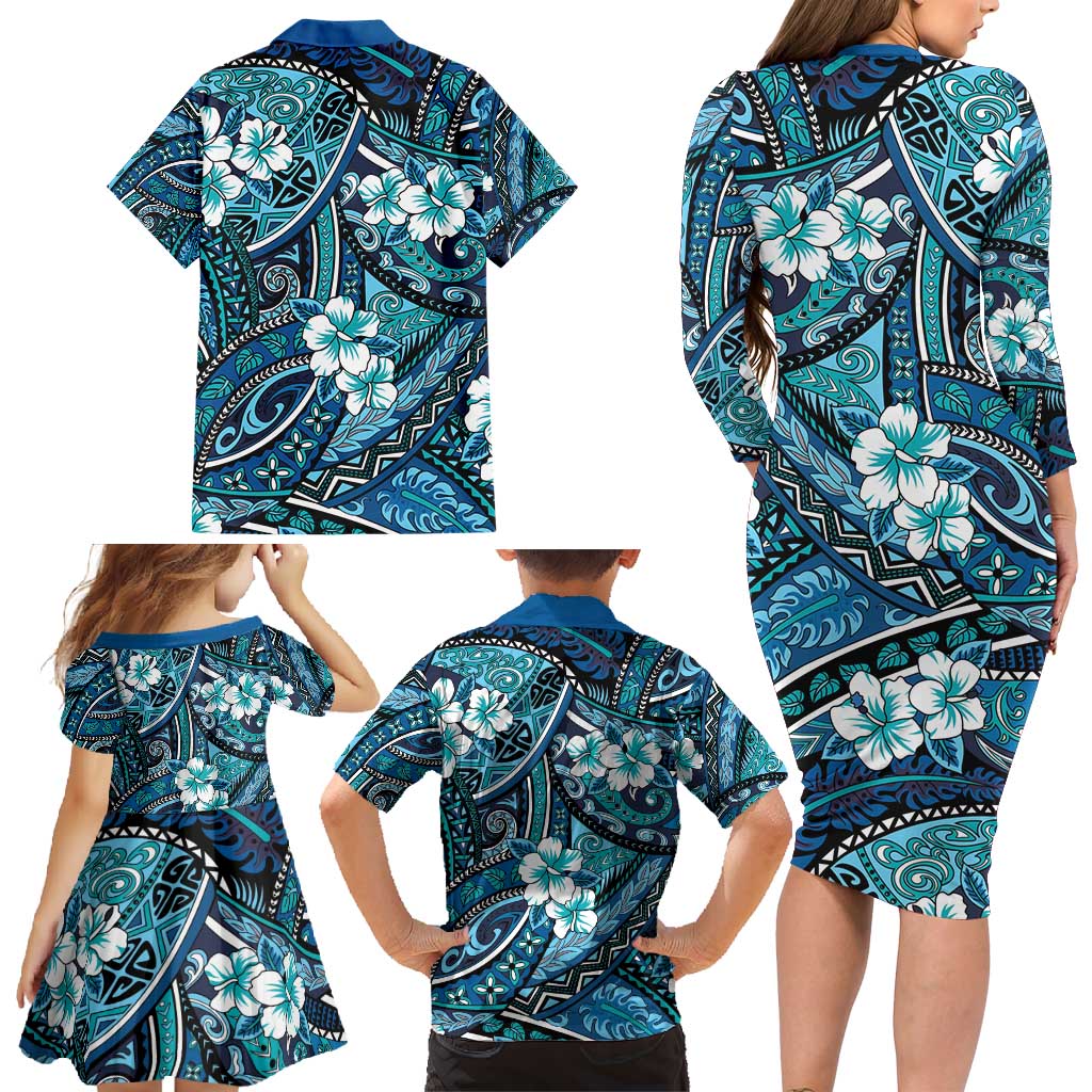 Polynesian Hibiscus Tropical Blue Floral Family Matching Long Sleeve Bodycon Dress and Hawaiian Shirt Tribal Pattern - Polynesian Pride