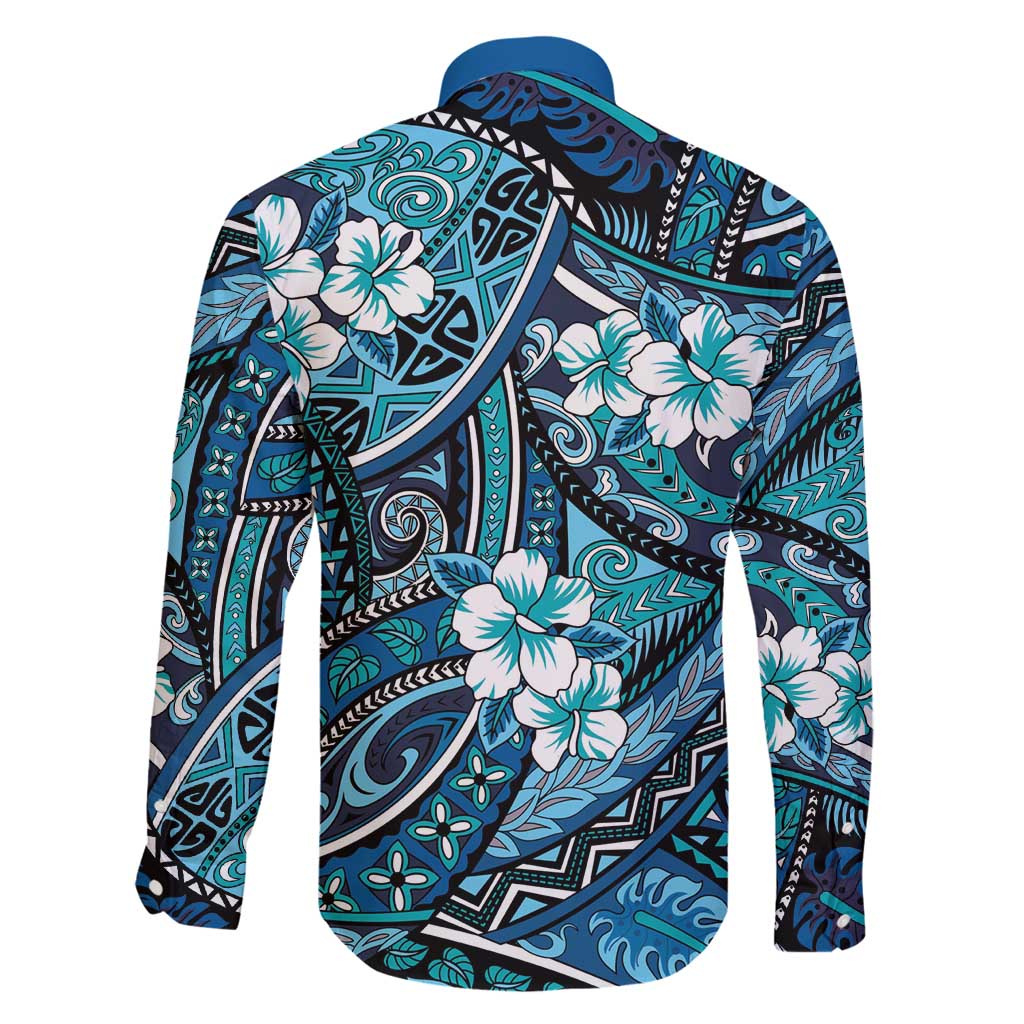 Polynesian Hibiscus Tropical Blue Floral Family Matching Long Sleeve Bodycon Dress and Hawaiian Shirt Tribal Pattern - Polynesian Pride
