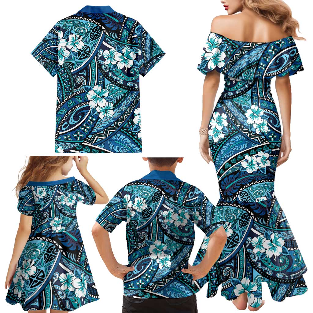Polynesian Hibiscus Tropical Blue Floral Family Matching Mermaid Dress and Hawaiian Shirt Tribal Pattern - Polynesian Pride