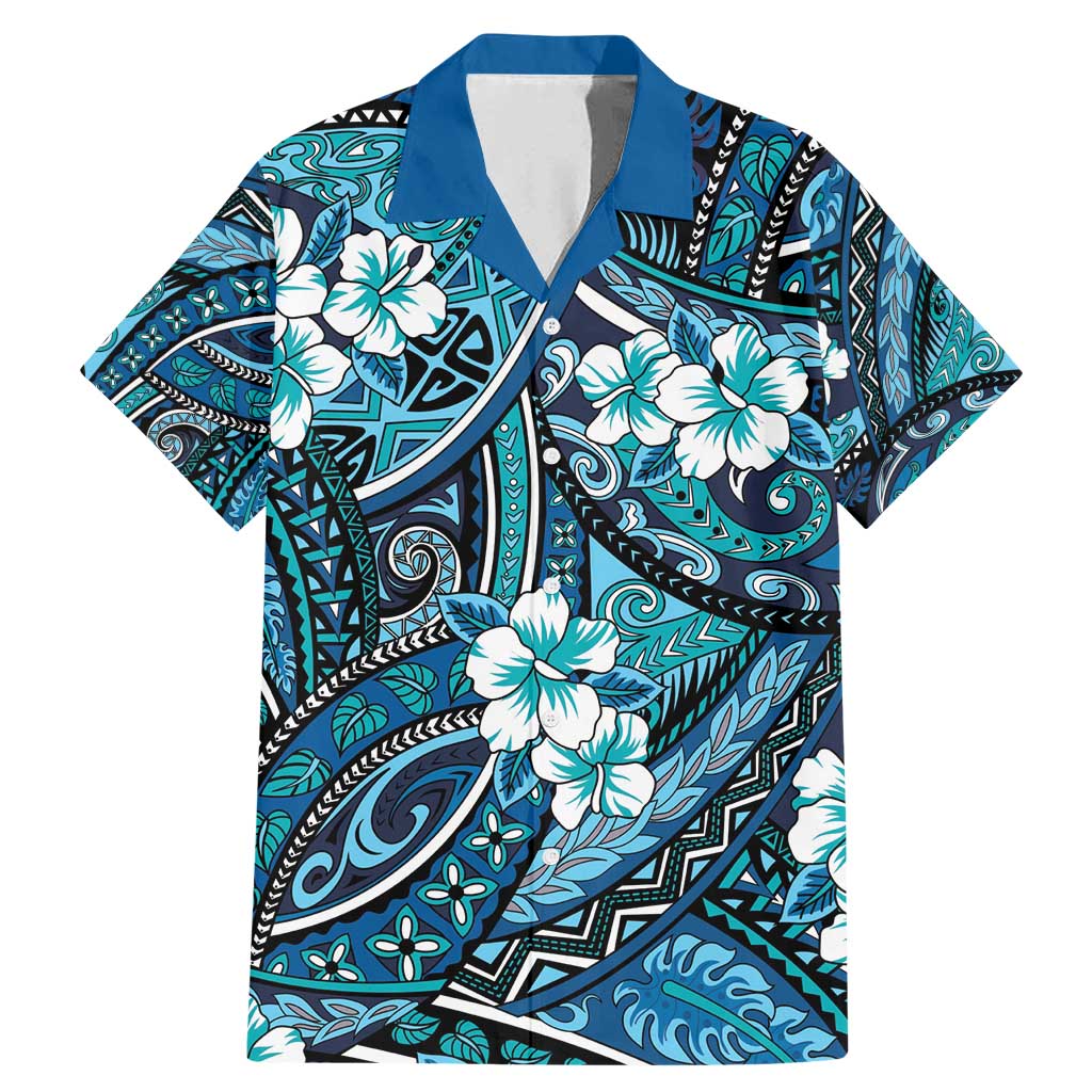 Polynesian Hibiscus Tropical Blue Floral Family Matching Mermaid Dress and Hawaiian Shirt Tribal Pattern - Polynesian Pride