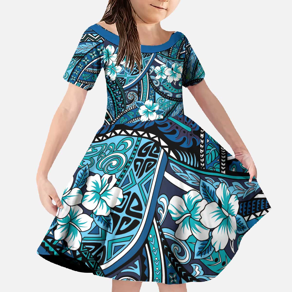 Polynesian Hibiscus Tropical Blue Floral Family Matching Off The Shoulder Long Sleeve Dress and Hawaiian Shirt Tribal Pattern - Polynesian Pride
