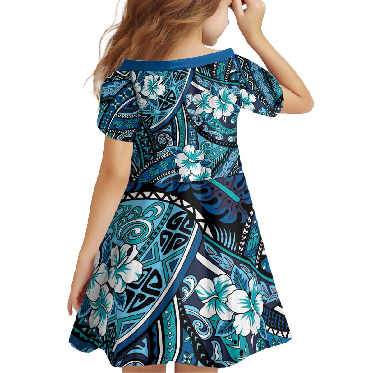 Polynesian Hibiscus Tropical Blue Floral Family Matching Off The Shoulder Long Sleeve Dress and Hawaiian Shirt Tribal Pattern - Polynesian Pride