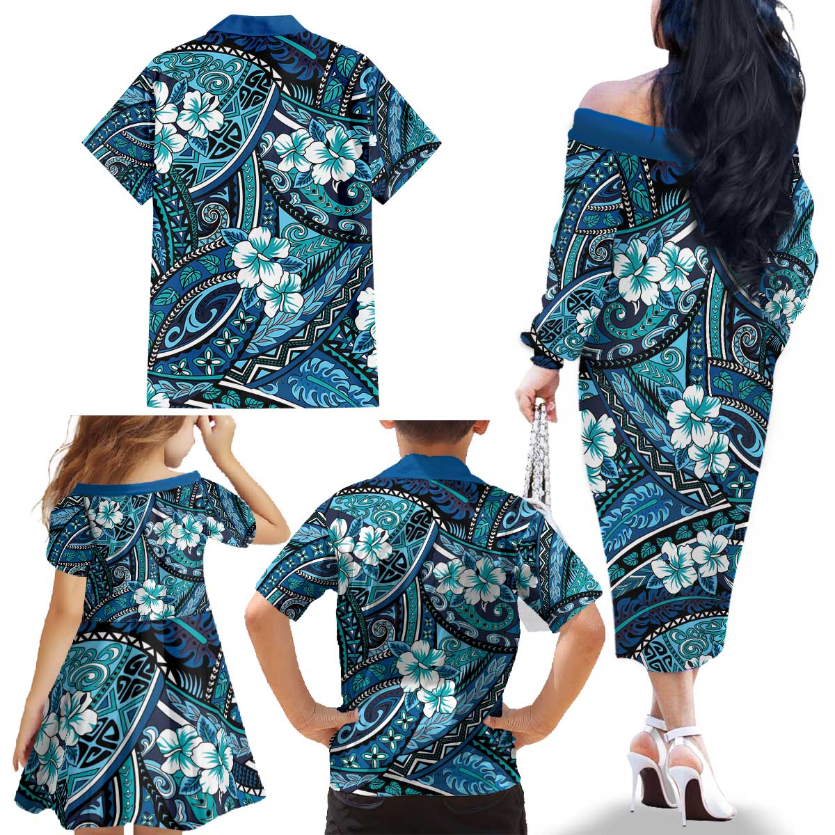 Polynesian Hibiscus Tropical Blue Floral Family Matching Off The Shoulder Long Sleeve Dress and Hawaiian Shirt Tribal Pattern - Polynesian Pride