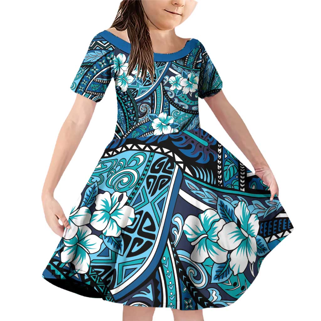 Polynesian Hibiscus Tropical Blue Floral Family Matching Off Shoulder Short Dress and Hawaiian Shirt Tribal Pattern - Polynesian Pride