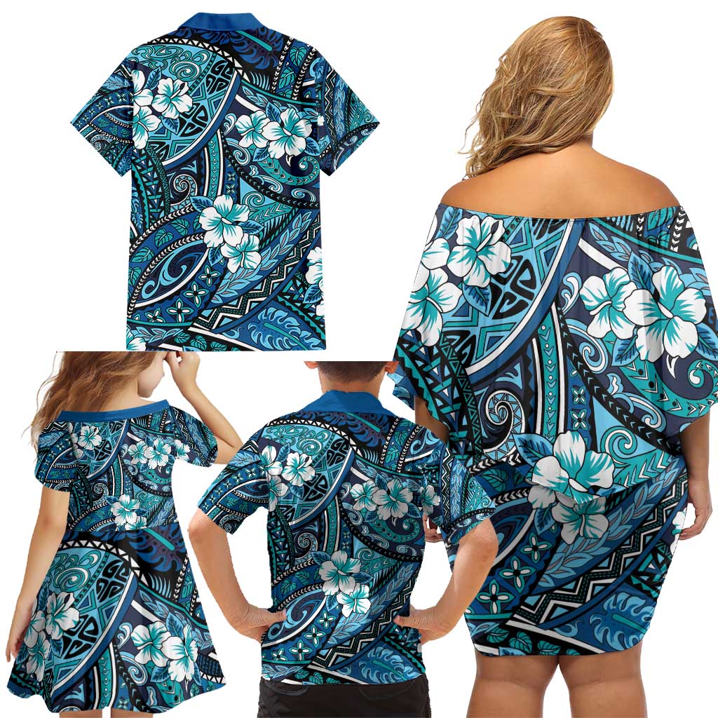 Polynesian Hibiscus Tropical Blue Floral Family Matching Off Shoulder Short Dress and Hawaiian Shirt Tribal Pattern - Polynesian Pride