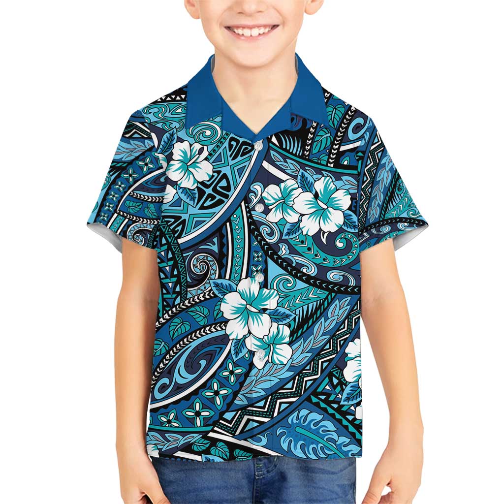 Polynesian Hibiscus Tropical Blue Floral Family Matching Off Shoulder Short Dress and Hawaiian Shirt Tribal Pattern - Polynesian Pride