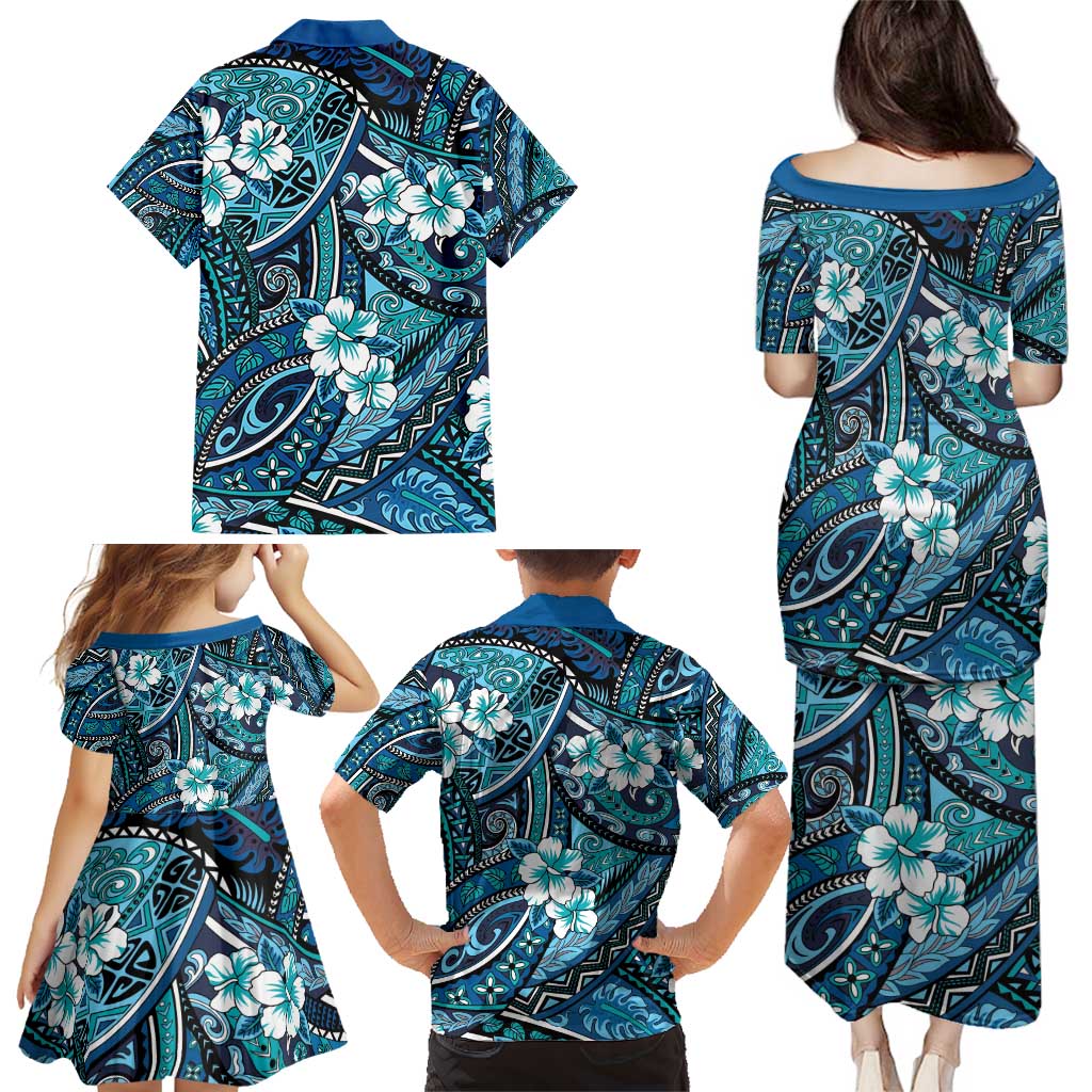 Polynesian Hibiscus Tropical Blue Floral Family Matching Puletasi and Hawaiian Shirt Tribal Pattern - Polynesian Pride