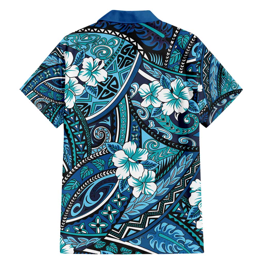 Polynesian Hibiscus Tropical Blue Floral Family Matching Puletasi and Hawaiian Shirt Tribal Pattern - Polynesian Pride