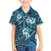 Polynesian Hibiscus Tropical Blue Floral Family Matching Puletasi and Hawaiian Shirt Tribal Pattern - Polynesian Pride