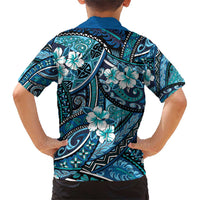 Polynesian Hibiscus Tropical Blue Floral Family Matching Short Sleeve Bodycon Dress and Hawaiian Shirt Tribal Pattern - Polynesian Pride