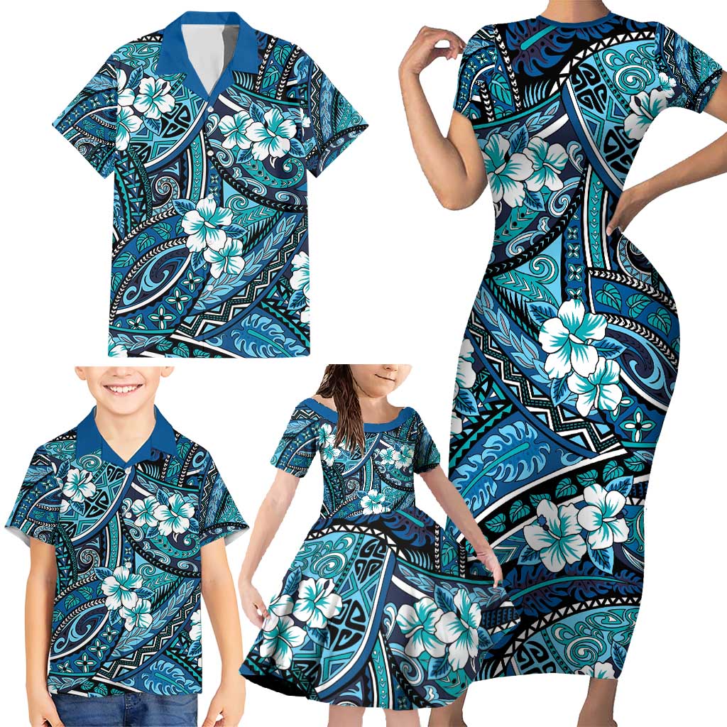 Polynesian Hibiscus Tropical Blue Floral Family Matching Short Sleeve Bodycon Dress and Hawaiian Shirt Tribal Pattern - Polynesian Pride
