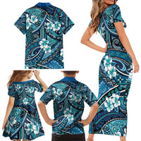 Polynesian Hibiscus Tropical Blue Floral Family Matching Short Sleeve Bodycon Dress and Hawaiian Shirt Tribal Pattern - Polynesian Pride