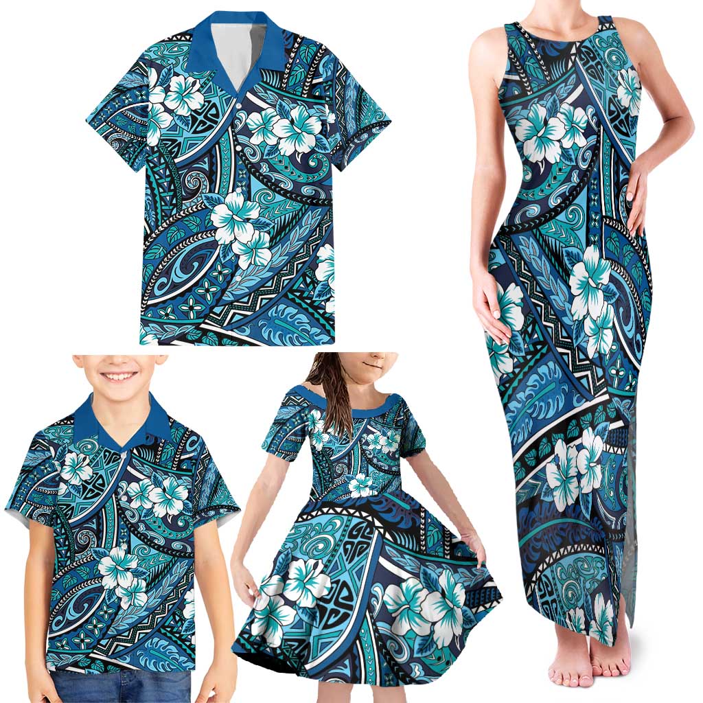 Polynesian Hibiscus Tropical Blue Floral Family Matching Tank Maxi Dress and Hawaiian Shirt Tribal Pattern - Polynesian Pride