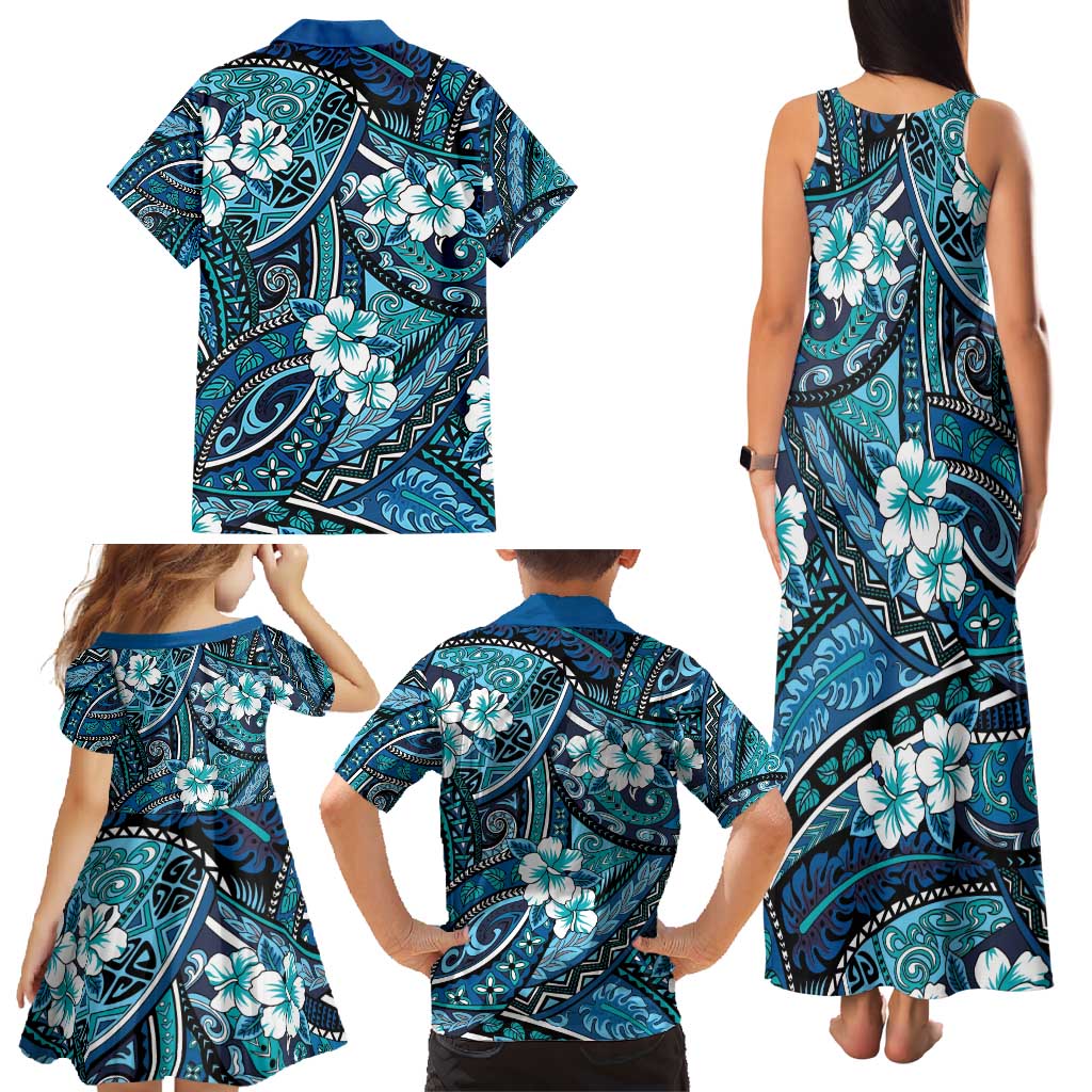 Polynesian Hibiscus Tropical Blue Floral Family Matching Tank Maxi Dress and Hawaiian Shirt Tribal Pattern - Polynesian Pride