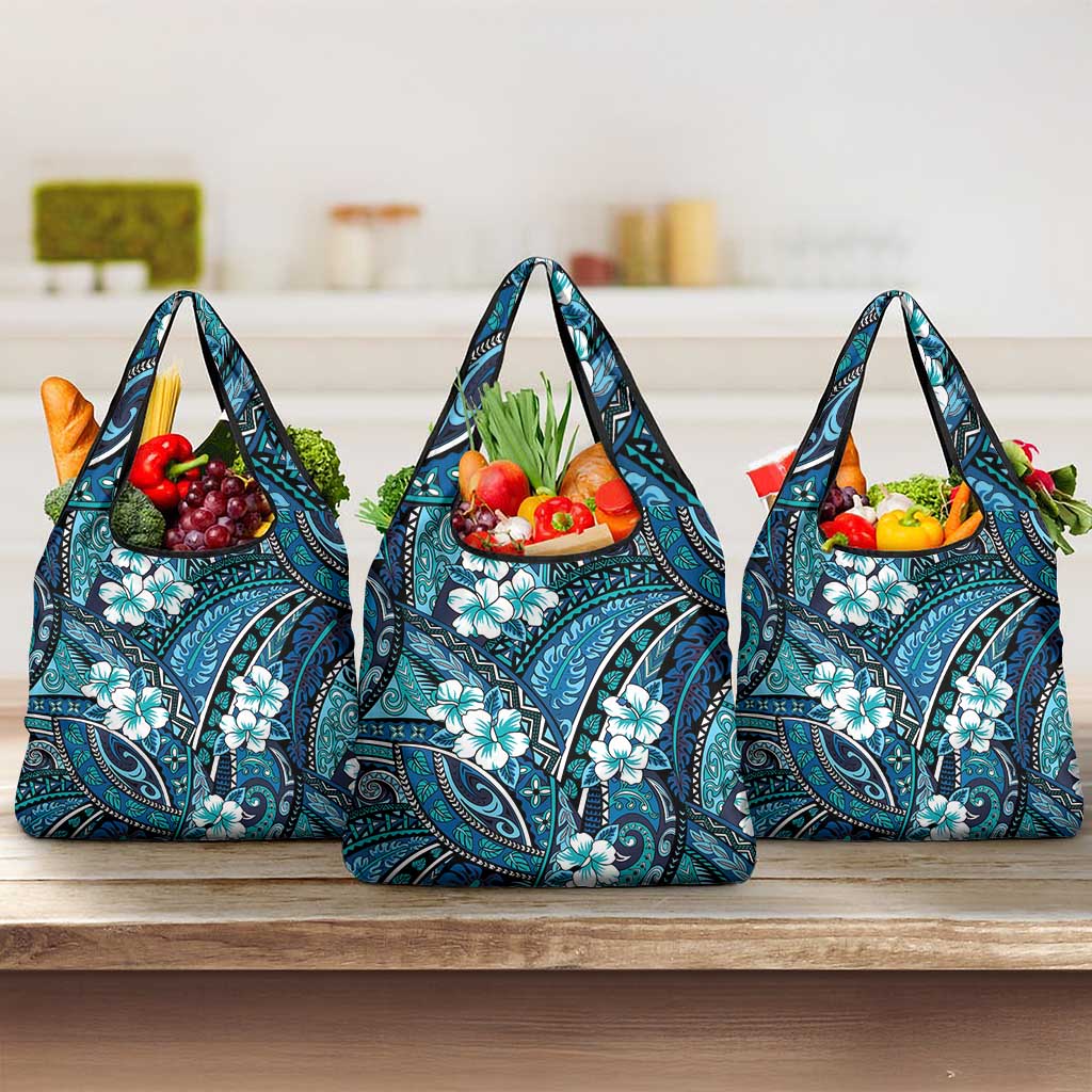 Polynesian Hibiscus Tropical Blue Floral Grocery Bag Tribal Pattern - Polynesian Pride