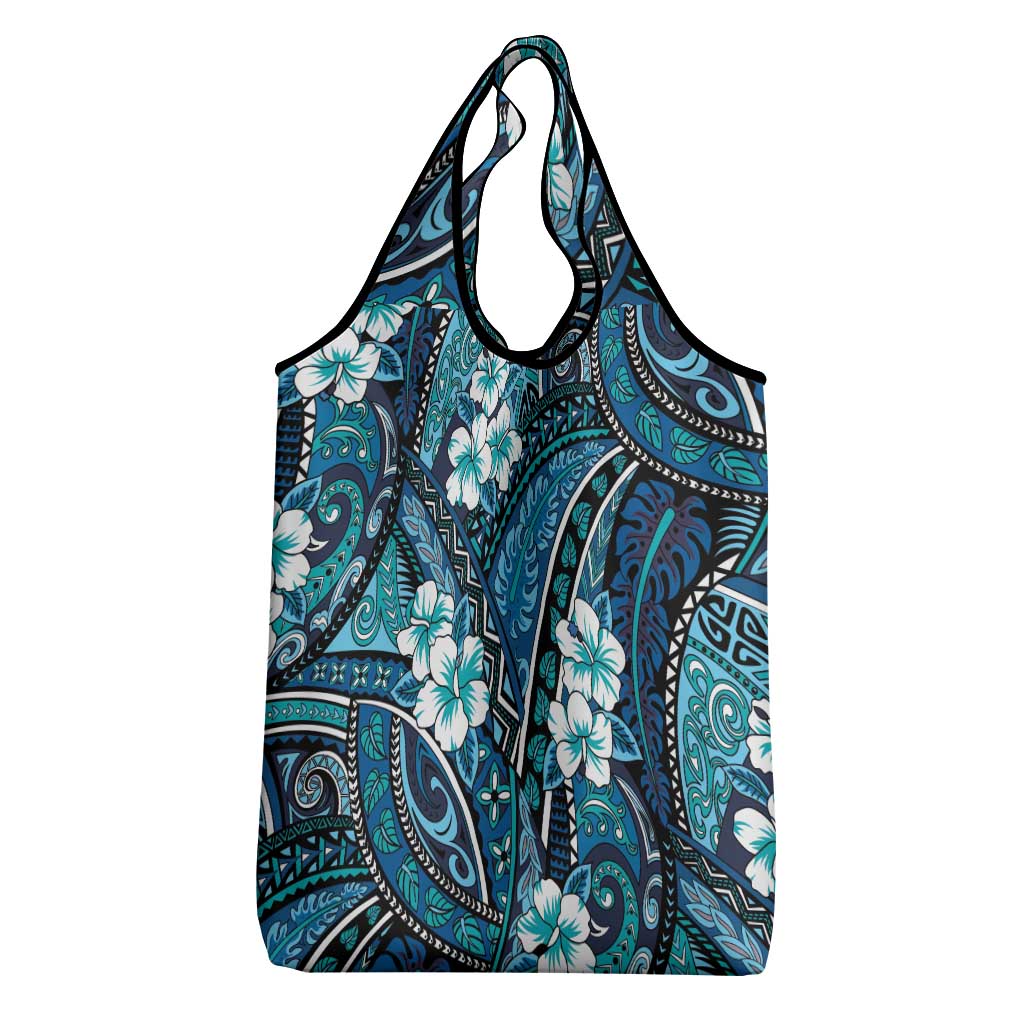 Polynesian Hibiscus Tropical Blue Floral Grocery Bag Tribal Pattern - Polynesian Pride