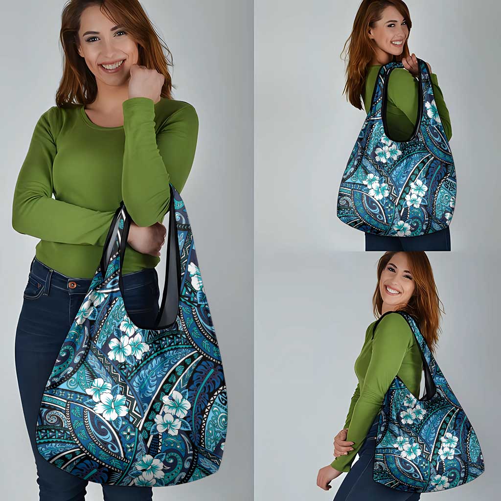 Polynesian Hibiscus Tropical Blue Floral Grocery Bag Tribal Pattern - Polynesian Pride