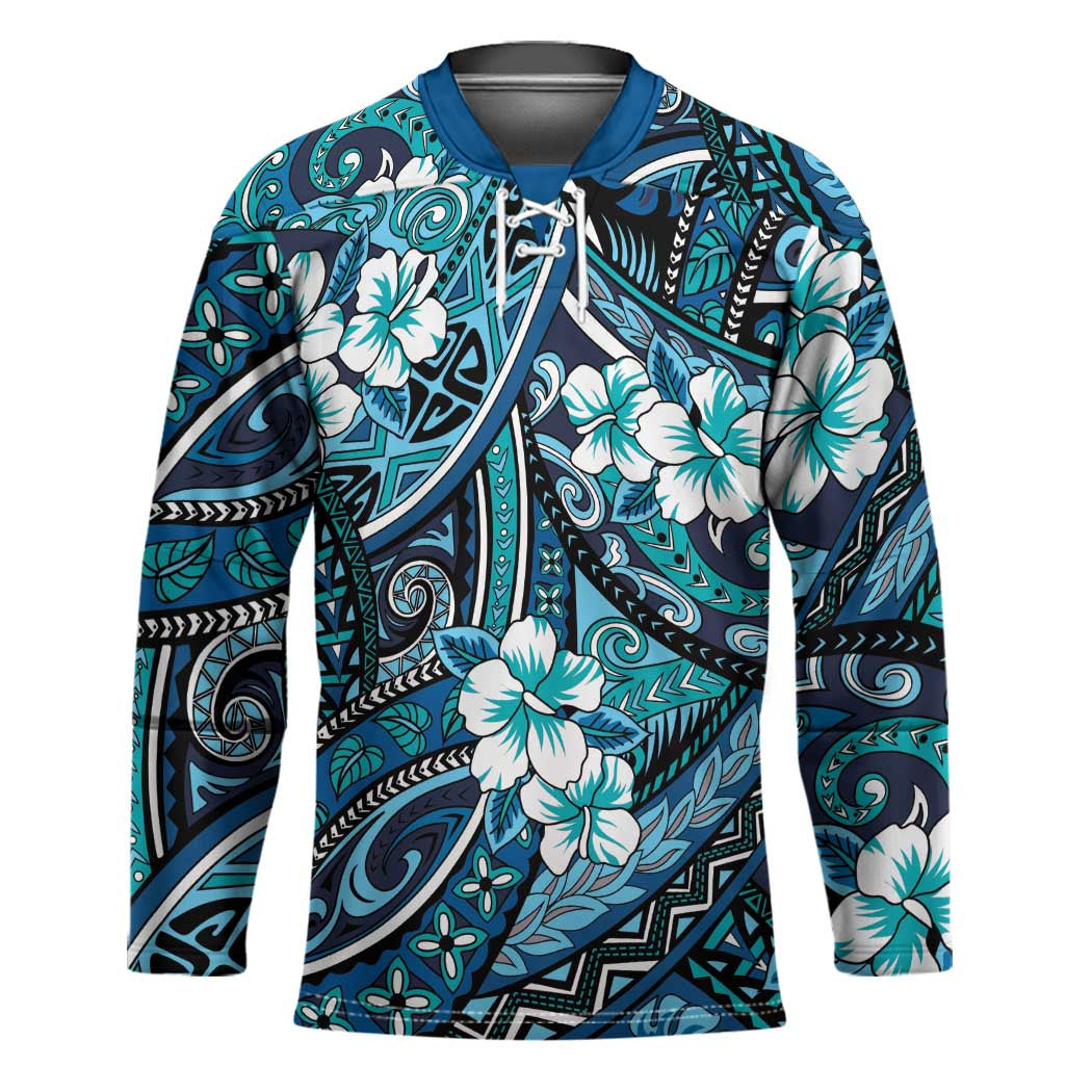 Polynesian Hibiscus Tropical Blue Floral Hockey Jersey Tribal Pattern - Polynesian Pride
