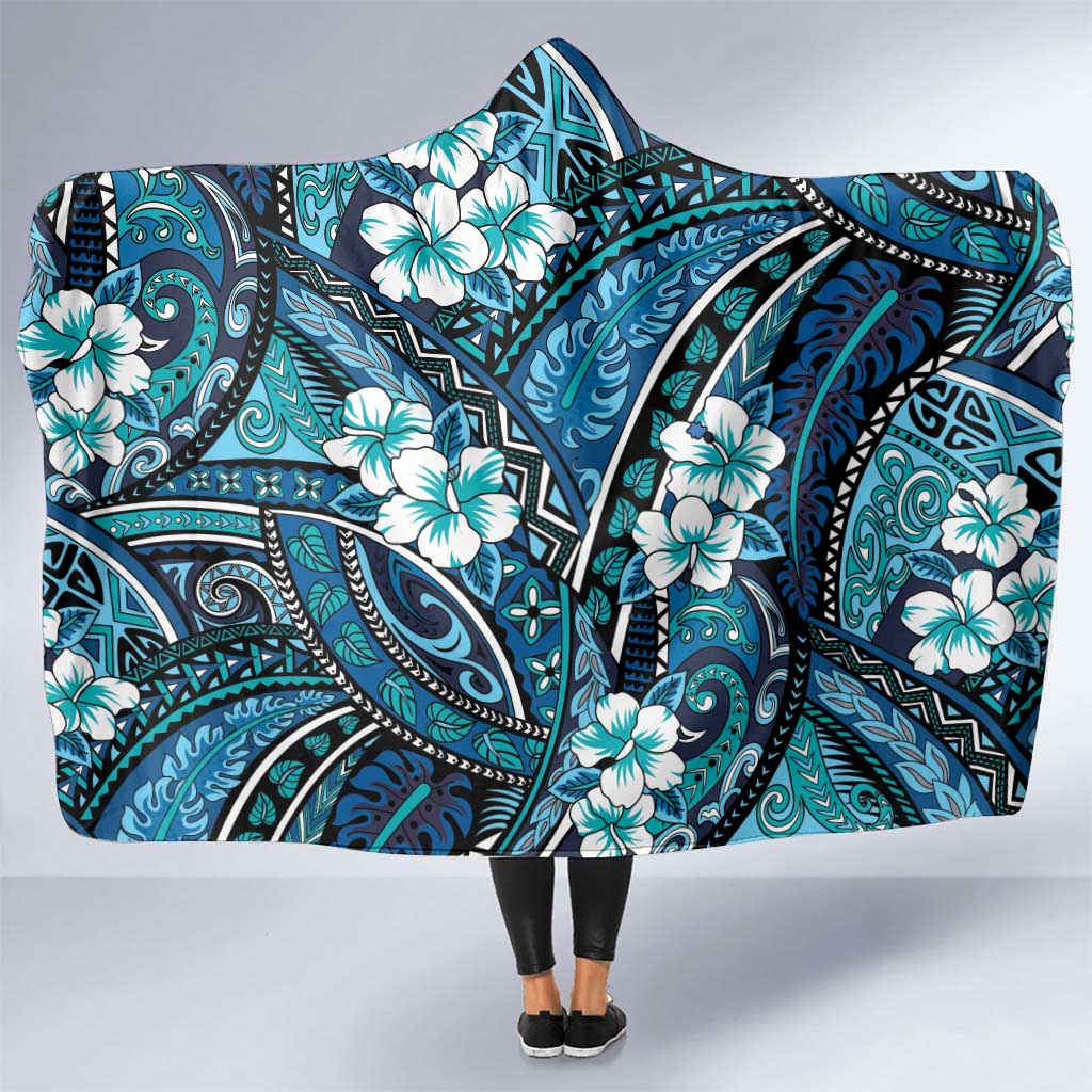 Polynesian Hibiscus Tropical Blue Floral Hooded Blanket Tribal Pattern - Polynesian Pride