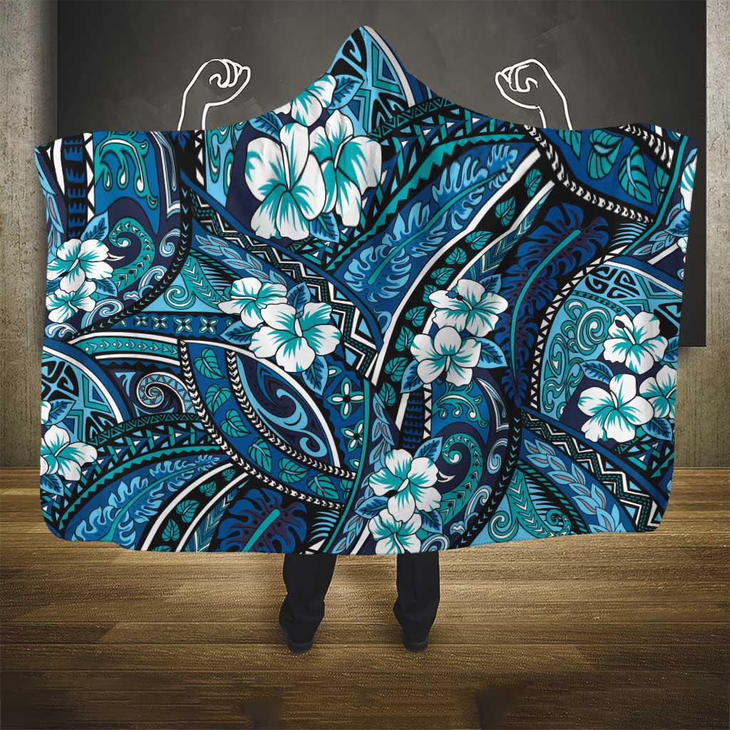 Polynesian Hibiscus Tropical Blue Floral Hooded Blanket Tribal Pattern - Polynesian Pride