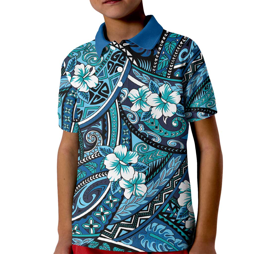 Polynesian Hibiscus Tropical Blue Floral Kid Polo Shirt Tribal Pattern - Polynesian Pride