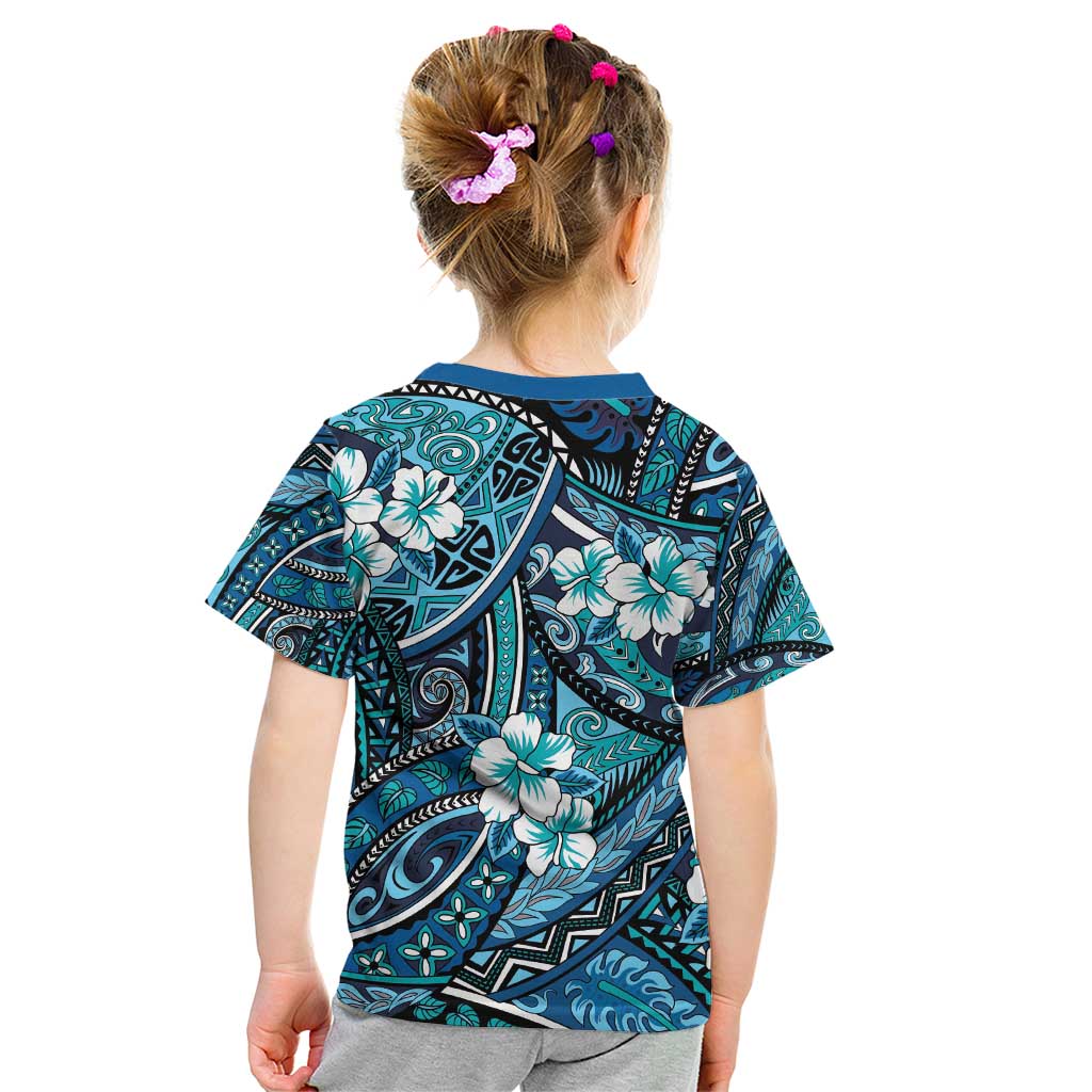 Polynesian Hibiscus Tropical Blue Floral Kid T Shirt Tribal Pattern - Polynesian Pride