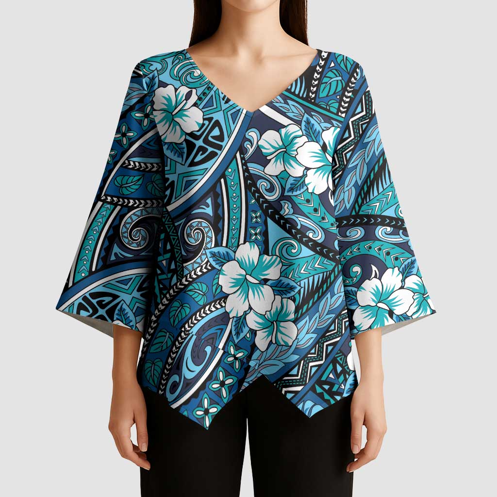 Polynesian Hibiscus Tropical Blue Floral Kimono Sleeve Blouse Tribal Pattern - Polynesian Pride