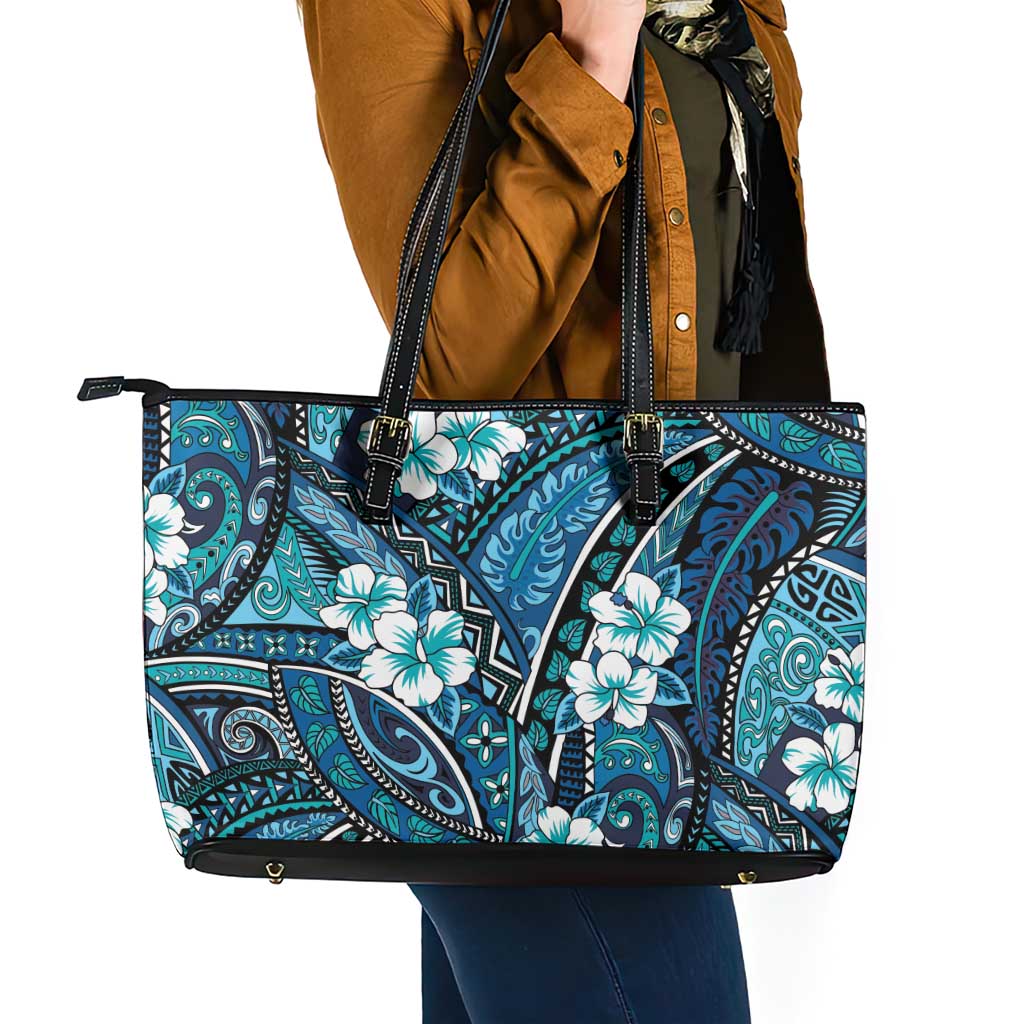 Polynesian Hibiscus Tropical Blue Floral Leather Tote Bag Tribal Pattern - Polynesian Pride