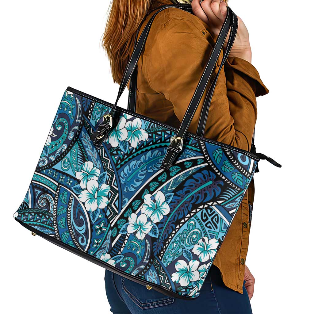 Polynesian Hibiscus Tropical Blue Floral Leather Tote Bag Tribal Pattern - Polynesian Pride