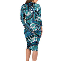 Polynesian Hibiscus Tropical Blue Floral Long Sleeve Bodycon Dress Tribal Pattern - Polynesian Pride