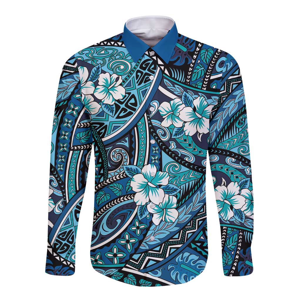Polynesian Hibiscus Tropical Blue Floral Long Sleeve Button Shirt Tribal Pattern - Polynesian Pride