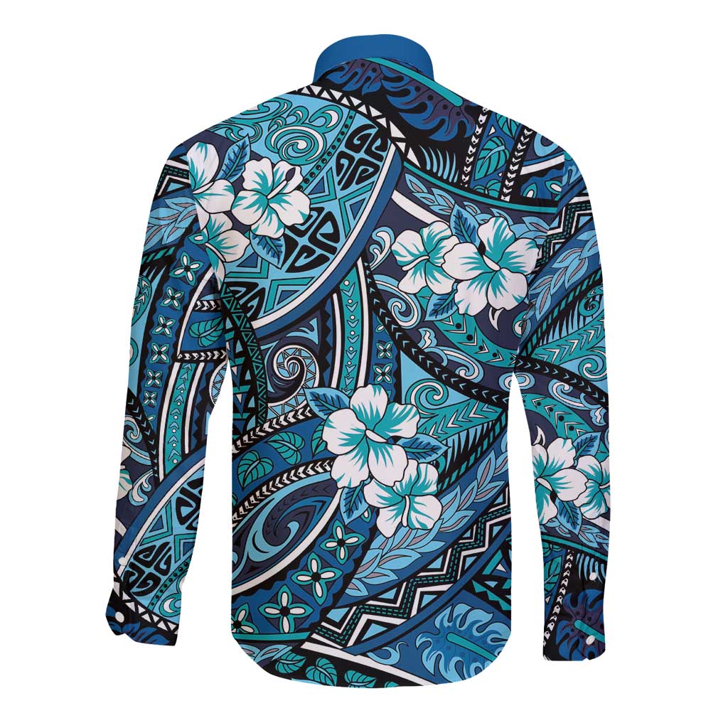 Polynesian Hibiscus Tropical Blue Floral Long Sleeve Button Shirt Tribal Pattern - Polynesian Pride