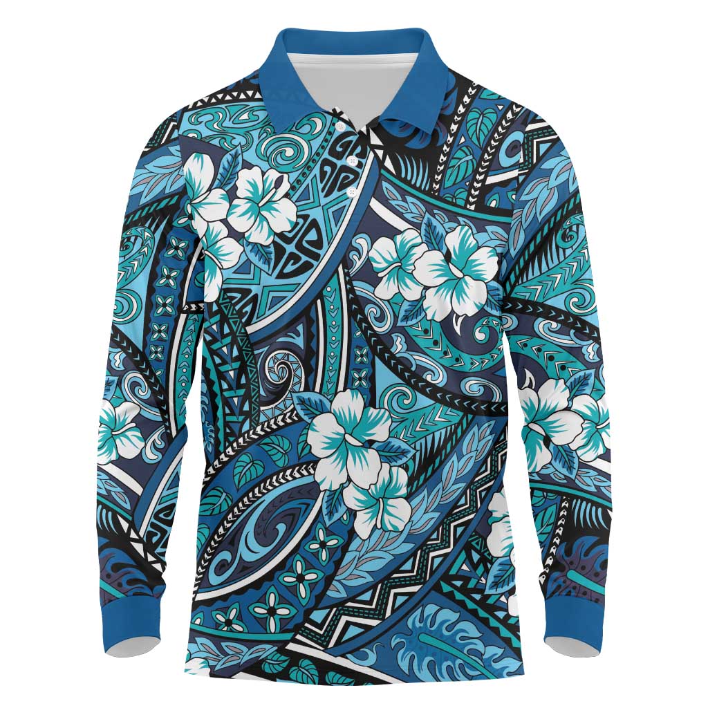 Polynesian Hibiscus Tropical Blue Floral Long Sleeve Polo Shirt Tribal Pattern - Polynesian Pride